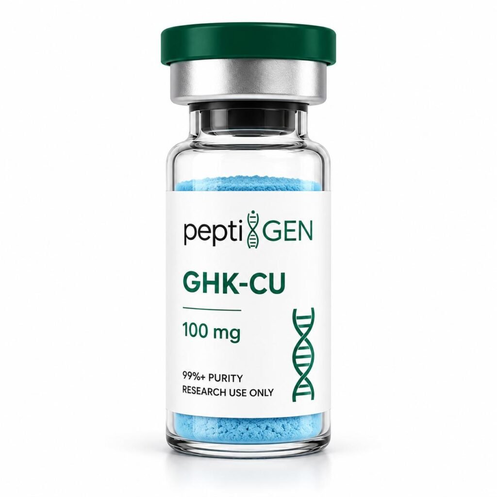 GHK-Cu 100 mg vial, peptido de cobre de color azul caracteristico - Peptigene Colombia