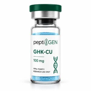 GHK-Cu 100 mg vial, peptido de cobre de color azul caracteristico - Peptigene Colombia