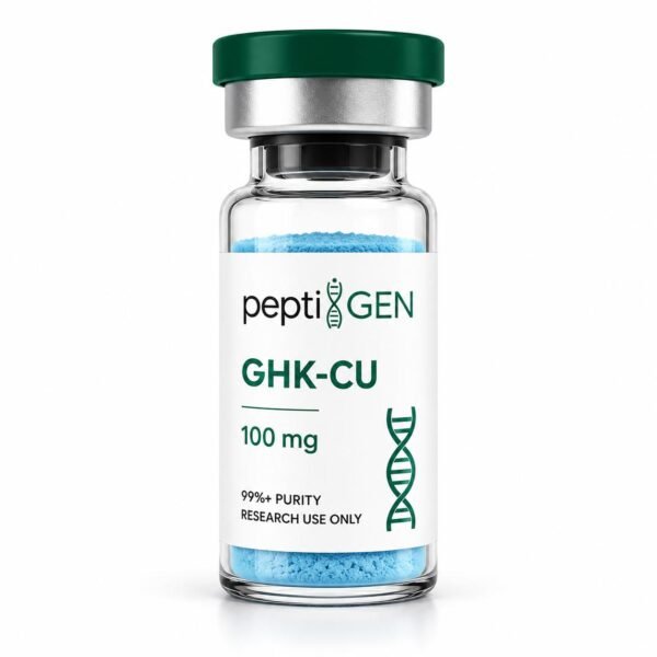 GHK-Cu 100 mg vial, peptido de cobre de color azul caracteristico - Peptigene Colombia