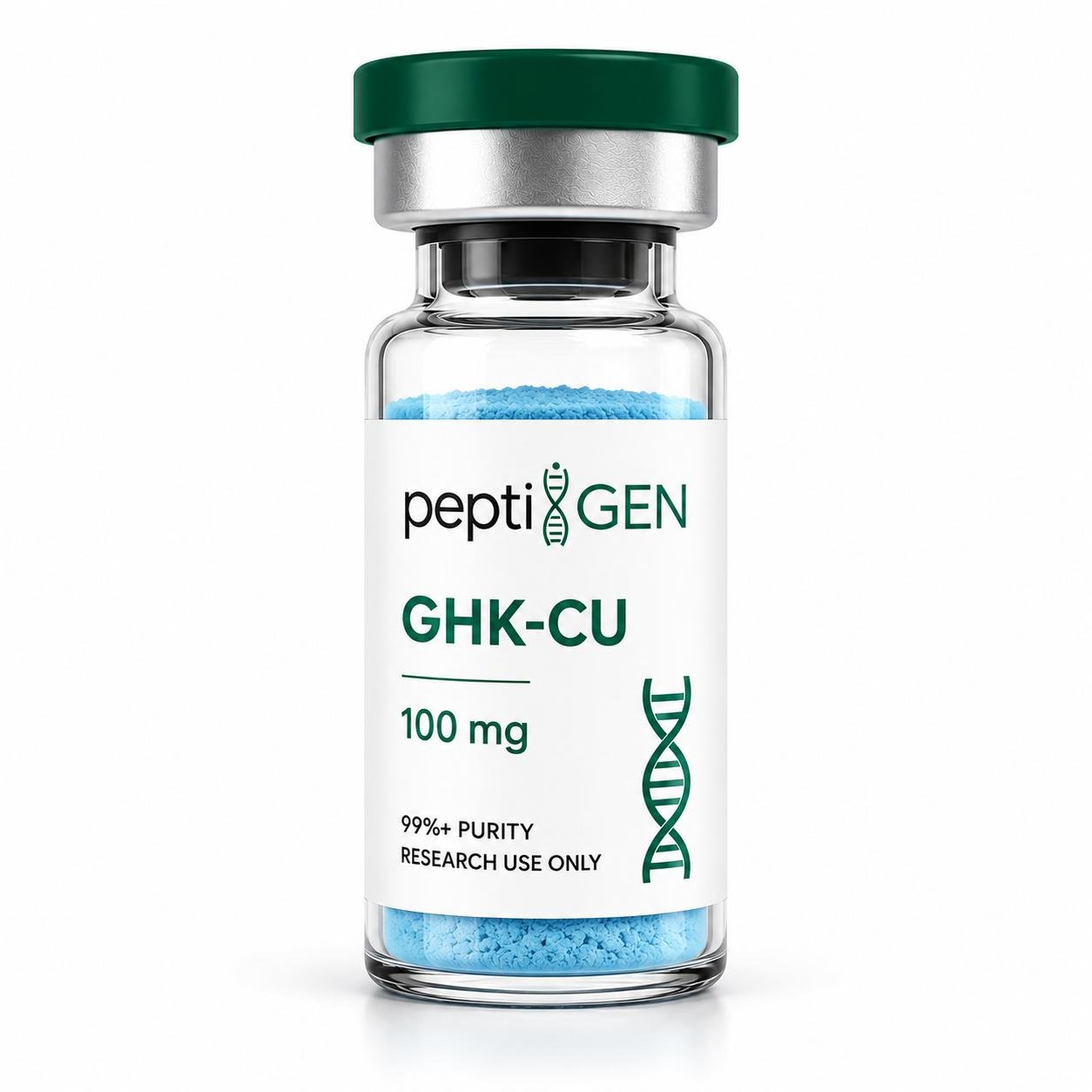 GHK-Cu 100 mg vial, peptido de cobre de color azul caracteristico - Peptigene Colombia